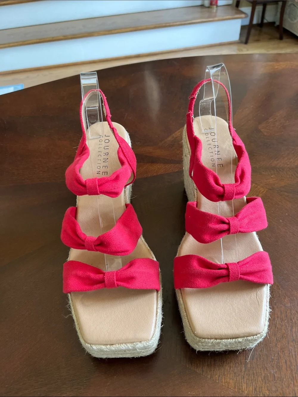 Journee Collection Pink-Red Bow Espadrille Wedge Sandals